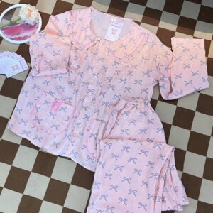 Bộ pijama nữ họa tiết nơ tiểu thư dễ thương màu hồng pastel