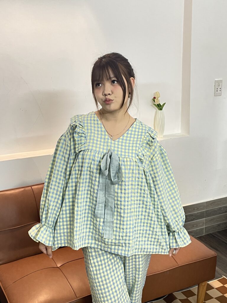 Set pijama tiểu thư nữ form rộng dễ thương caro pastel]